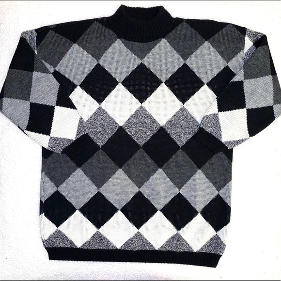 Vintage 90's Argyle Mock Neck Boyfriend Fit Chunky Sweater - Picture 1 of 4